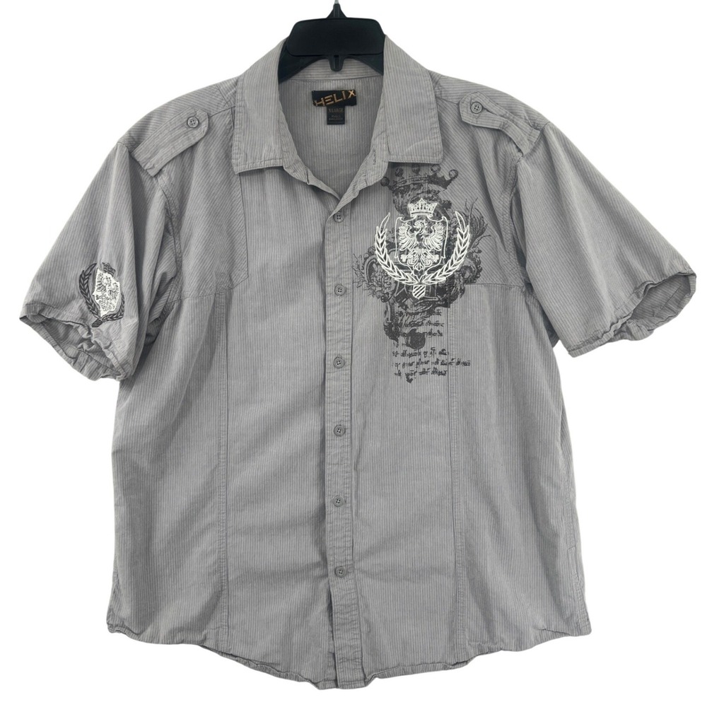 Helix Button Down Shirt Mens XL Gray Striped Heraldic Crest Short Sleeve Y2K